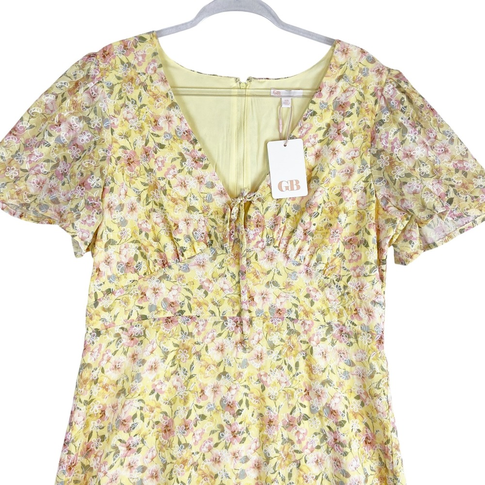 GB Yellow Floral Embroidered V-Neck Mini‎ Dress XXL NWT Spring Easter - Picture 2 of 8